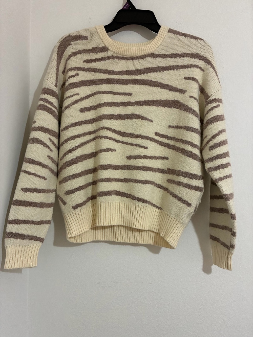 Lush Cream Zebra-Stripe Crewneck Sweater